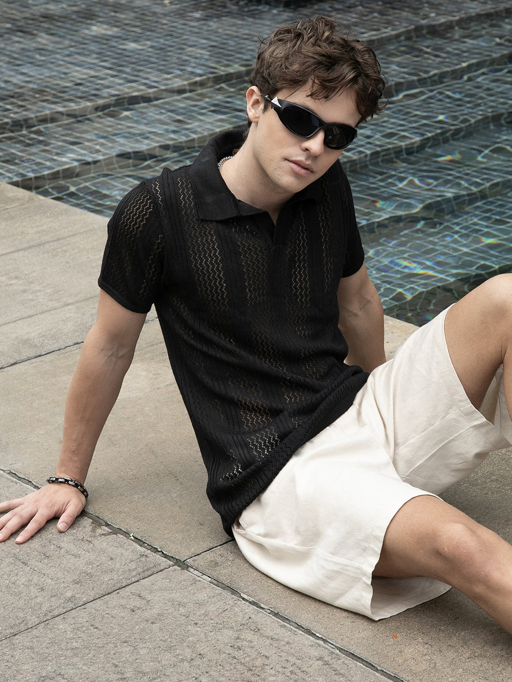 Campus Sutra Chevron-Lined Textured Polo T-Shirt