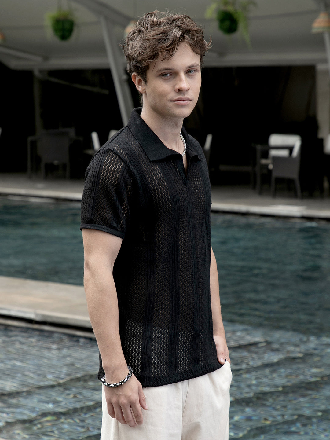 Campus Sutra Chevron-Lined Textured Polo T-Shirt