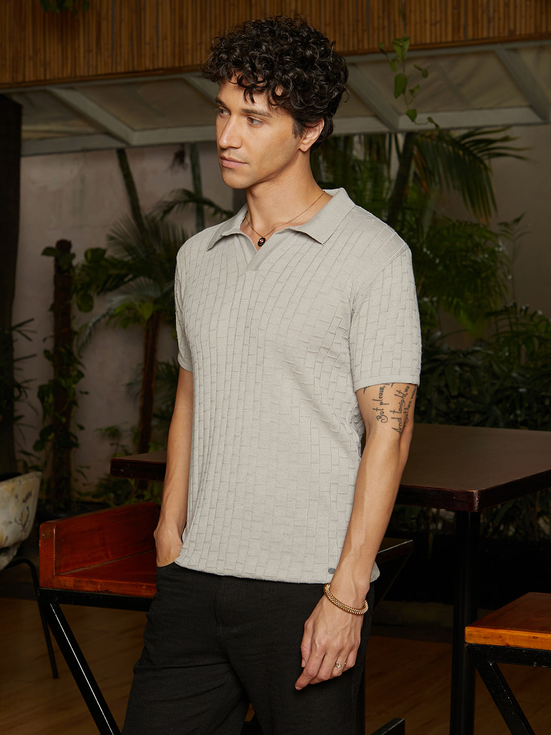 Campus Sutra Brick-Textured Polo T-Shirt