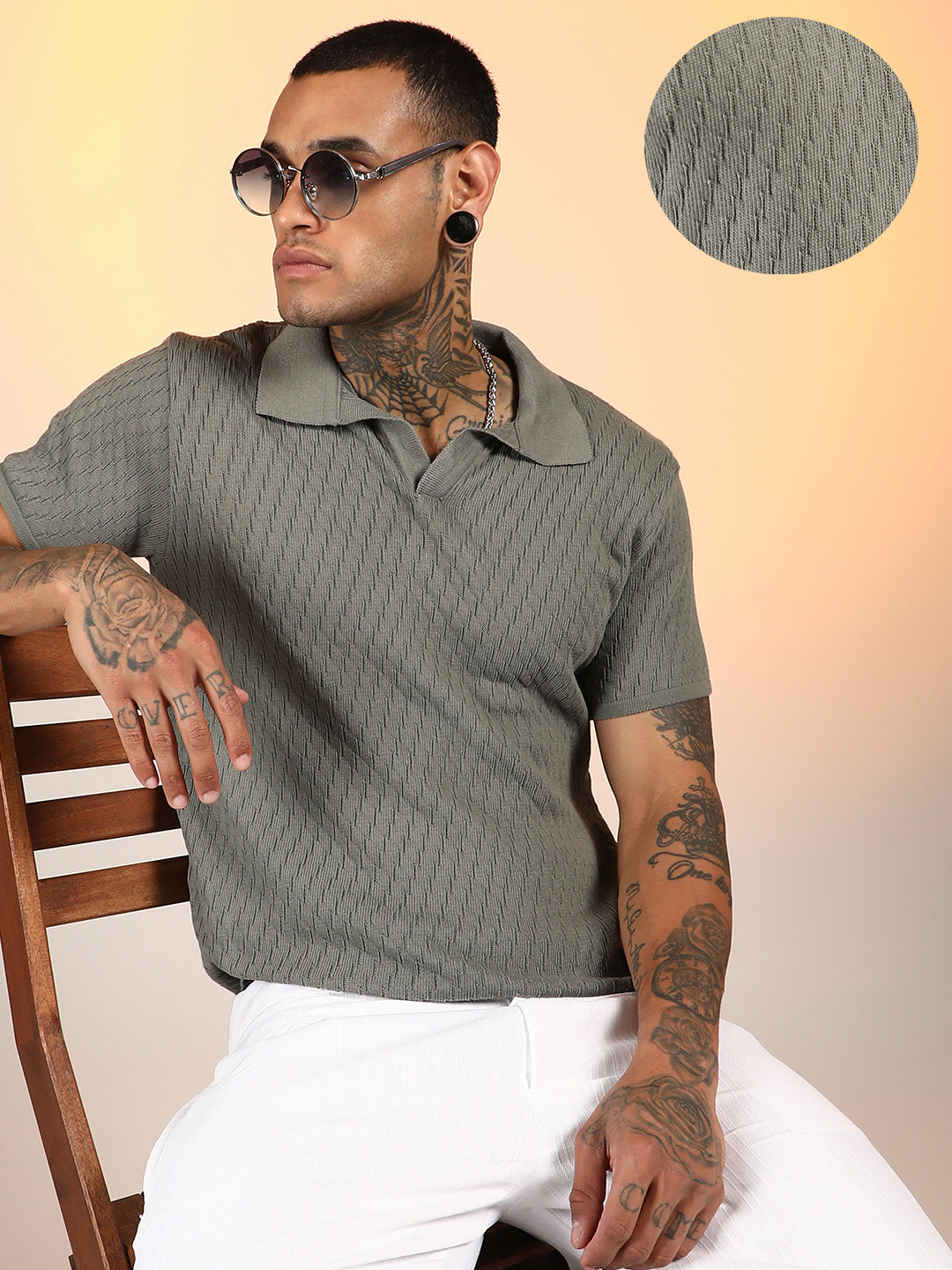 Campus Sutra Rhombus-Knit Polo T-Shirt