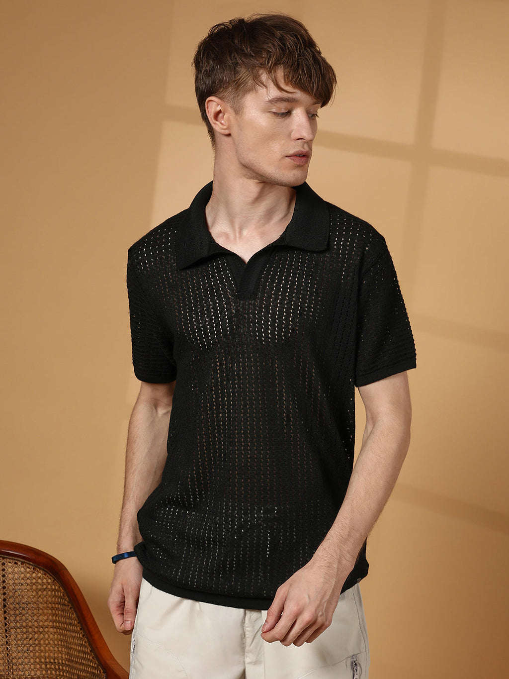 Campus Sutra Textured-Knit Polo T-Shirt