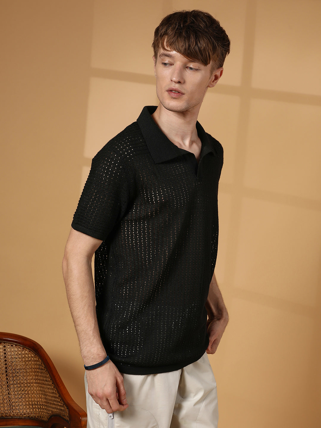 Campus Sutra Textured-Knit Polo T-Shirt
