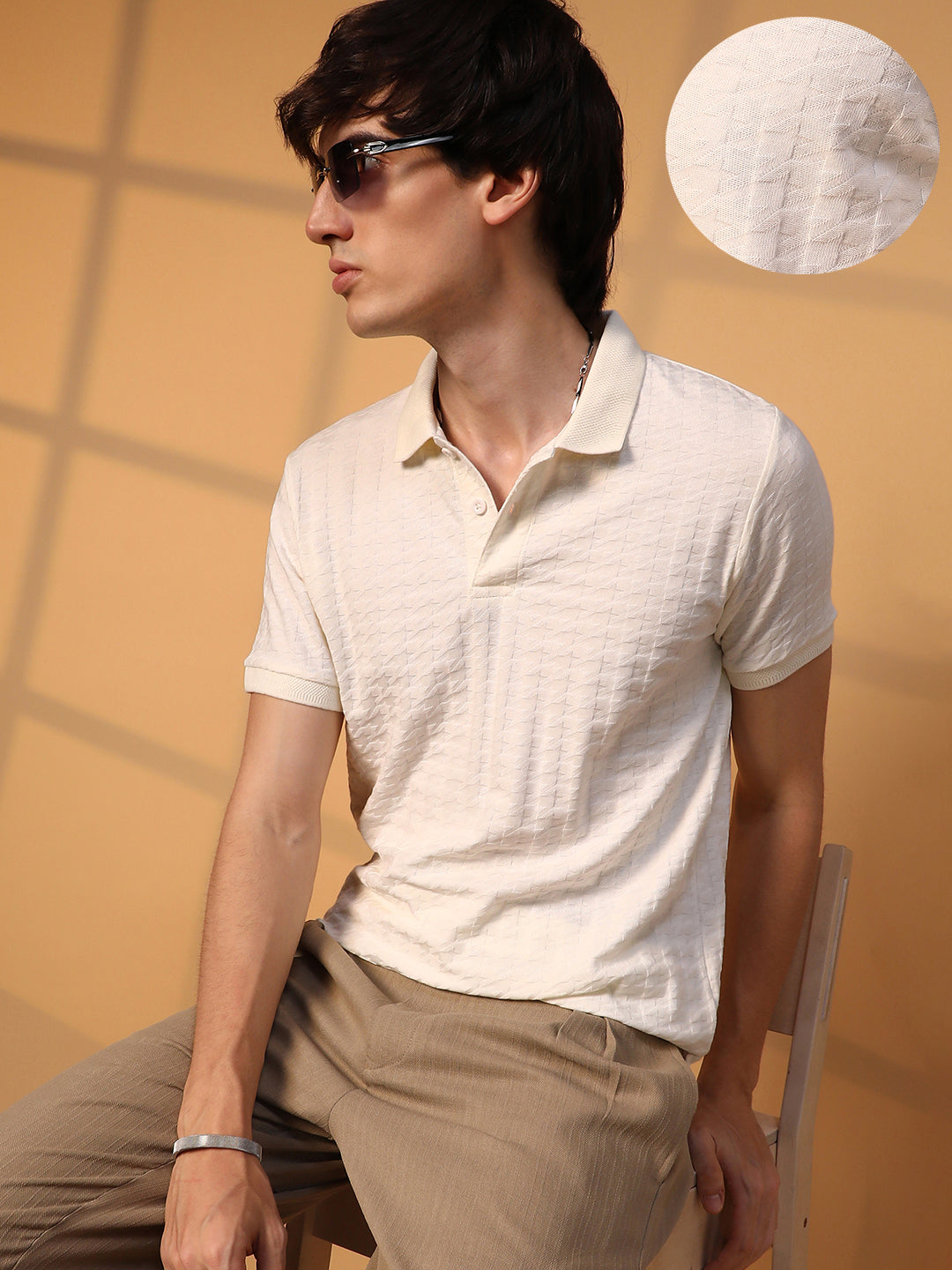 Campus Sutra Houndstooth-Textured Polo T-Shirt