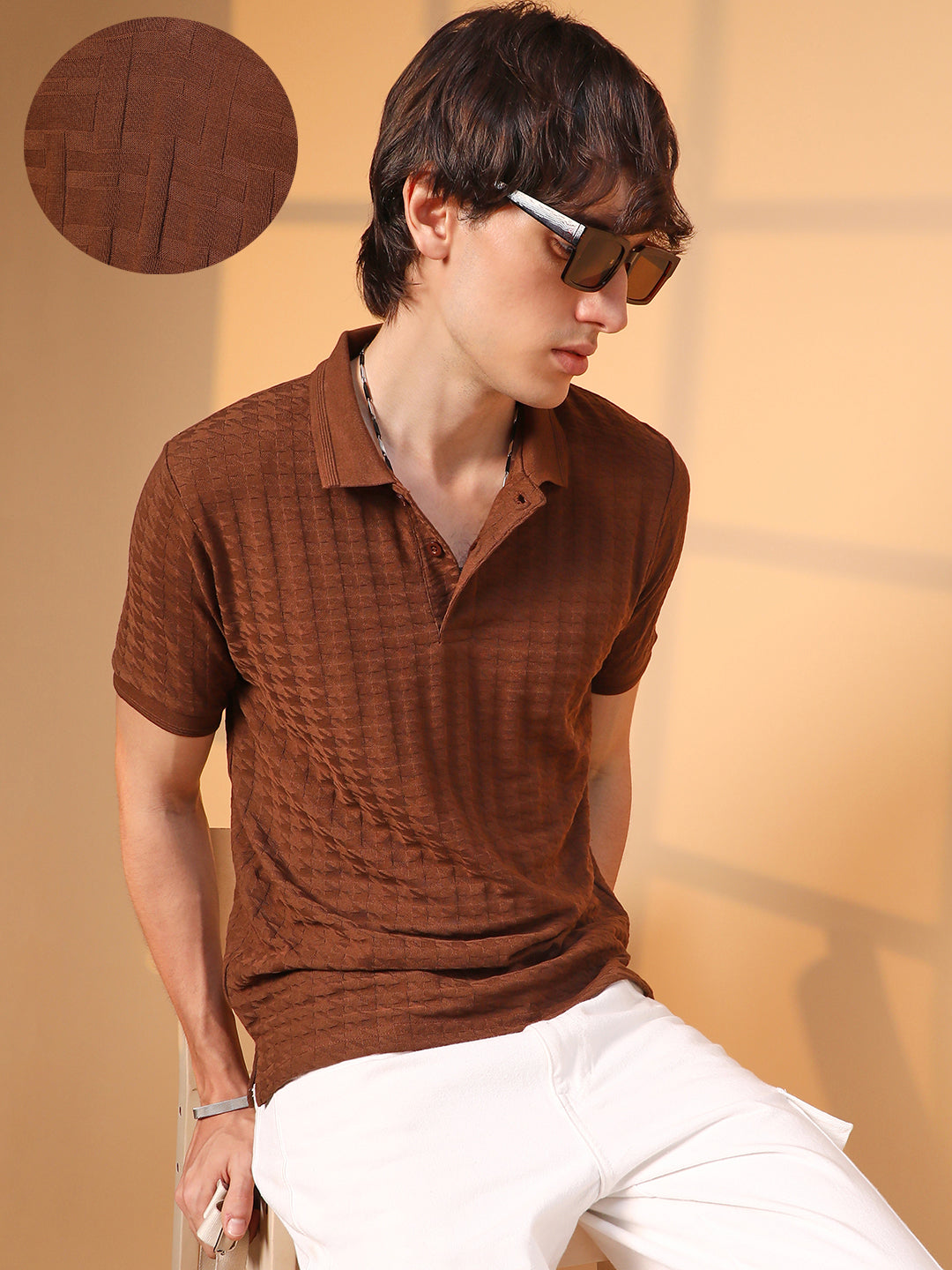 Campus Sutra Houndstooth-Textured Polo T-Shirt