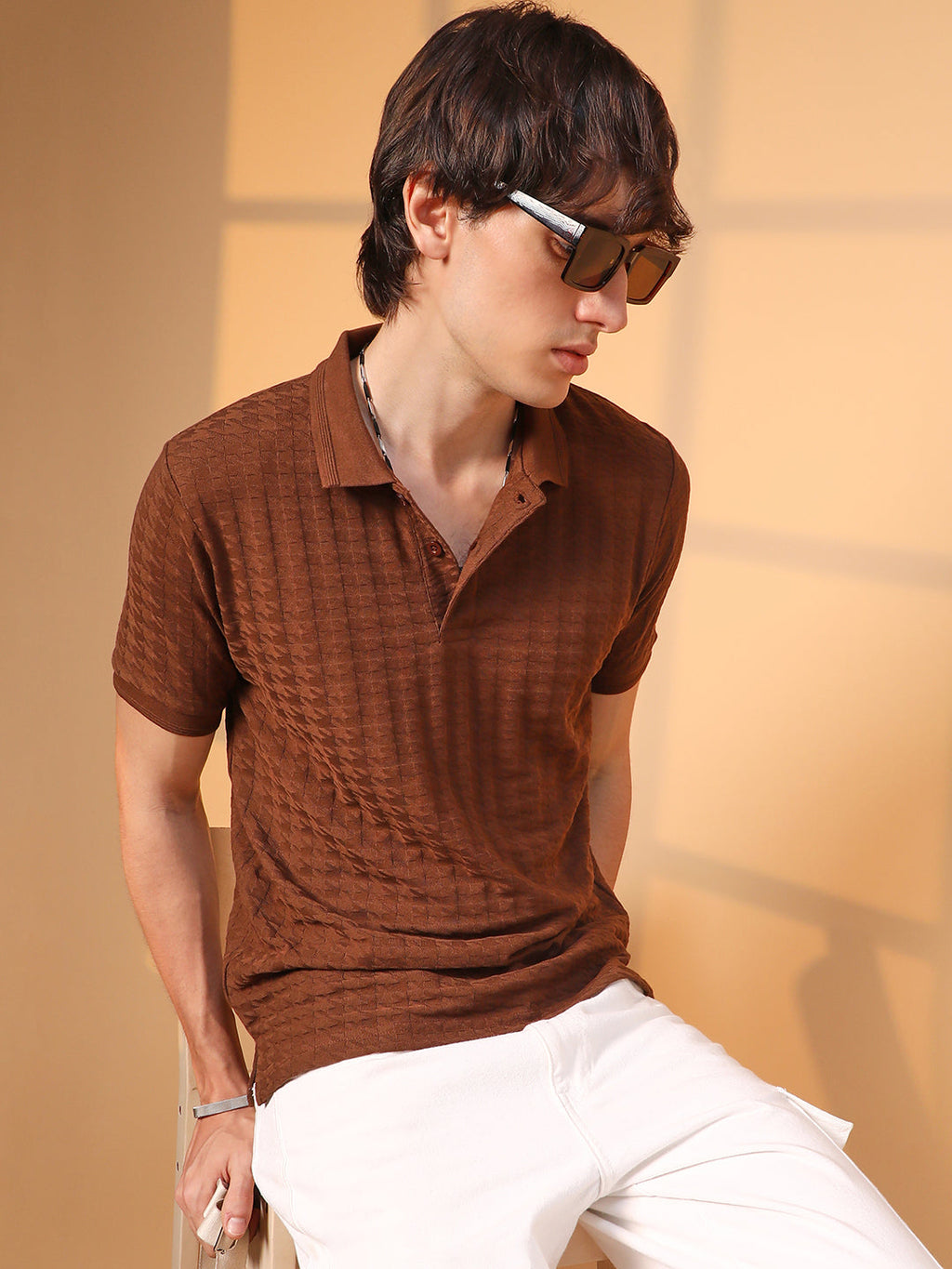 Campus Sutra Houndstooth-Textured Polo T-Shirt