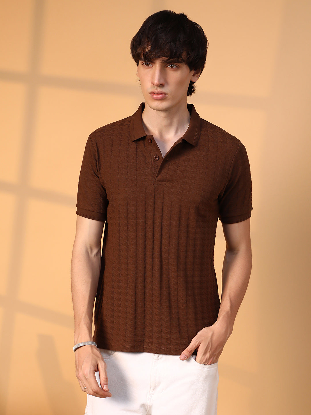 Campus Sutra Houndstooth-Textured Polo T-Shirt