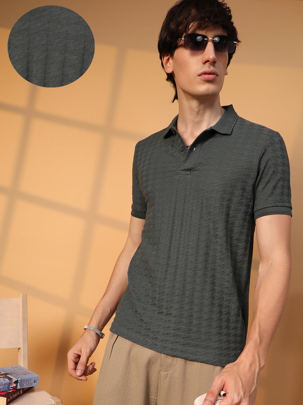 Campus Sutra Houndstooth-Textured Polo T-Shirt