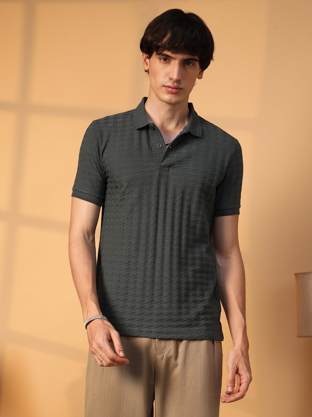 Campus Sutra Houndstooth-Textured Polo T-Shirt
