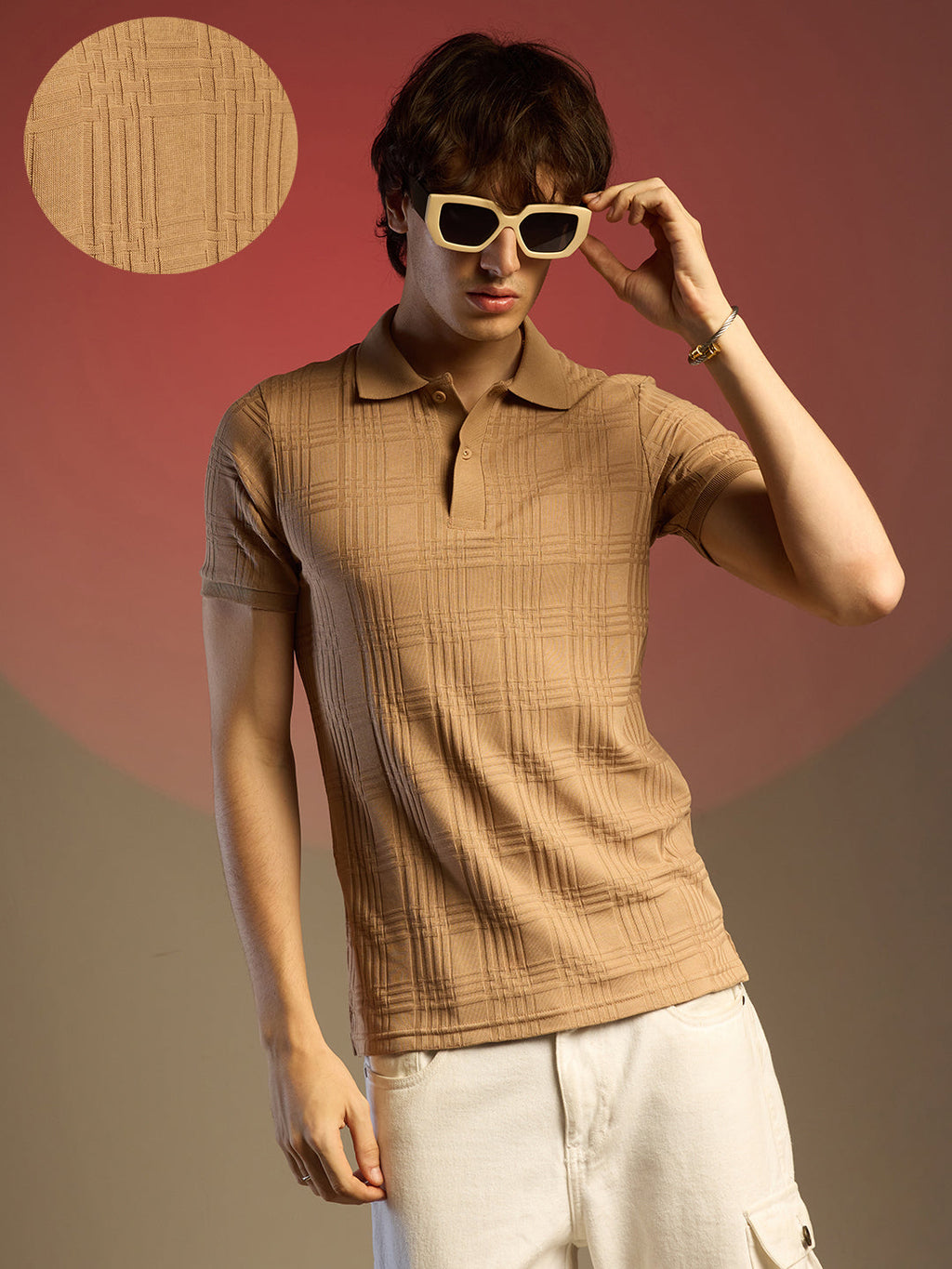 Campus Sutra Buff Beige Intertwine-Textured Polo T-Shirt