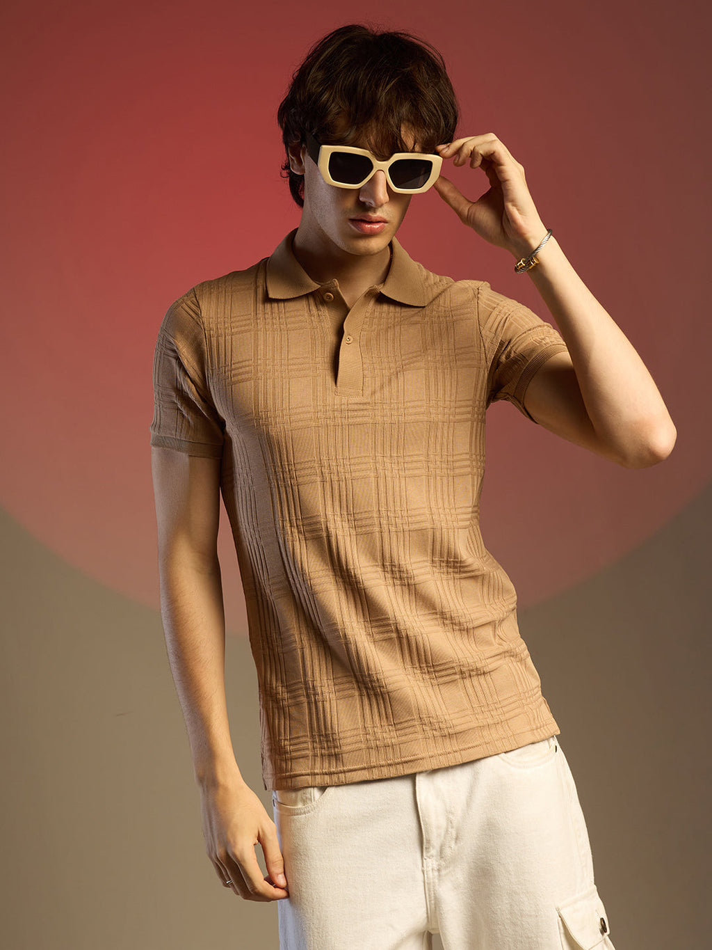 Campus Sutra Buff Beige Intertwine-Textured Polo T-Shirt