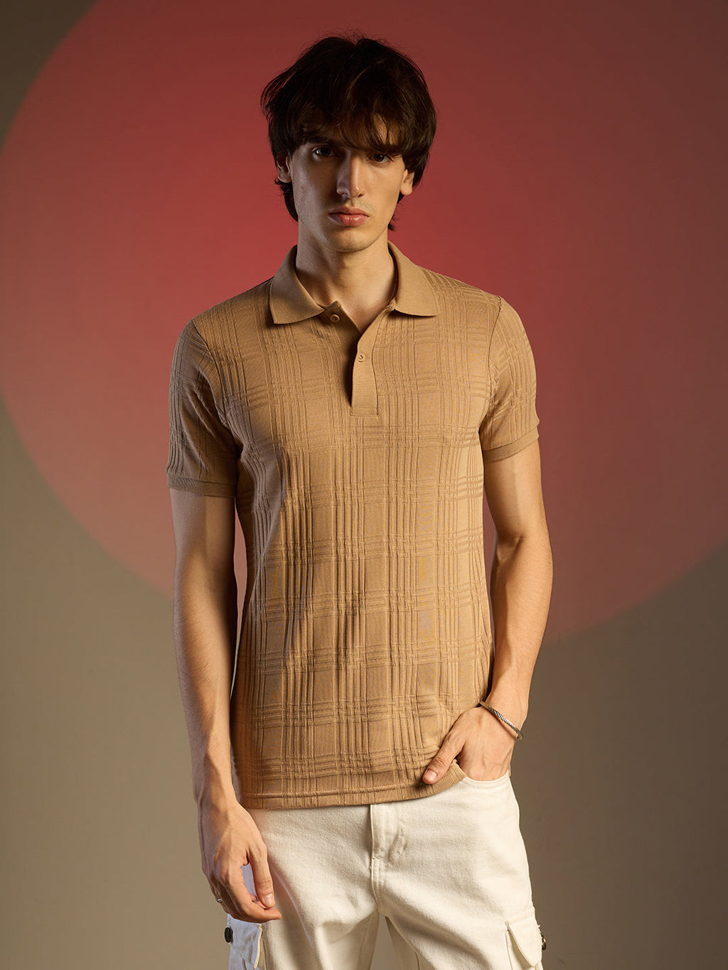 Campus Sutra Buff Beige Intertwine-Textured Polo T-Shirt
