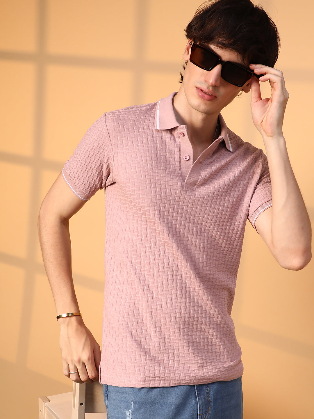 Campus Sutra Interweave-Textured Polo T-Shirt