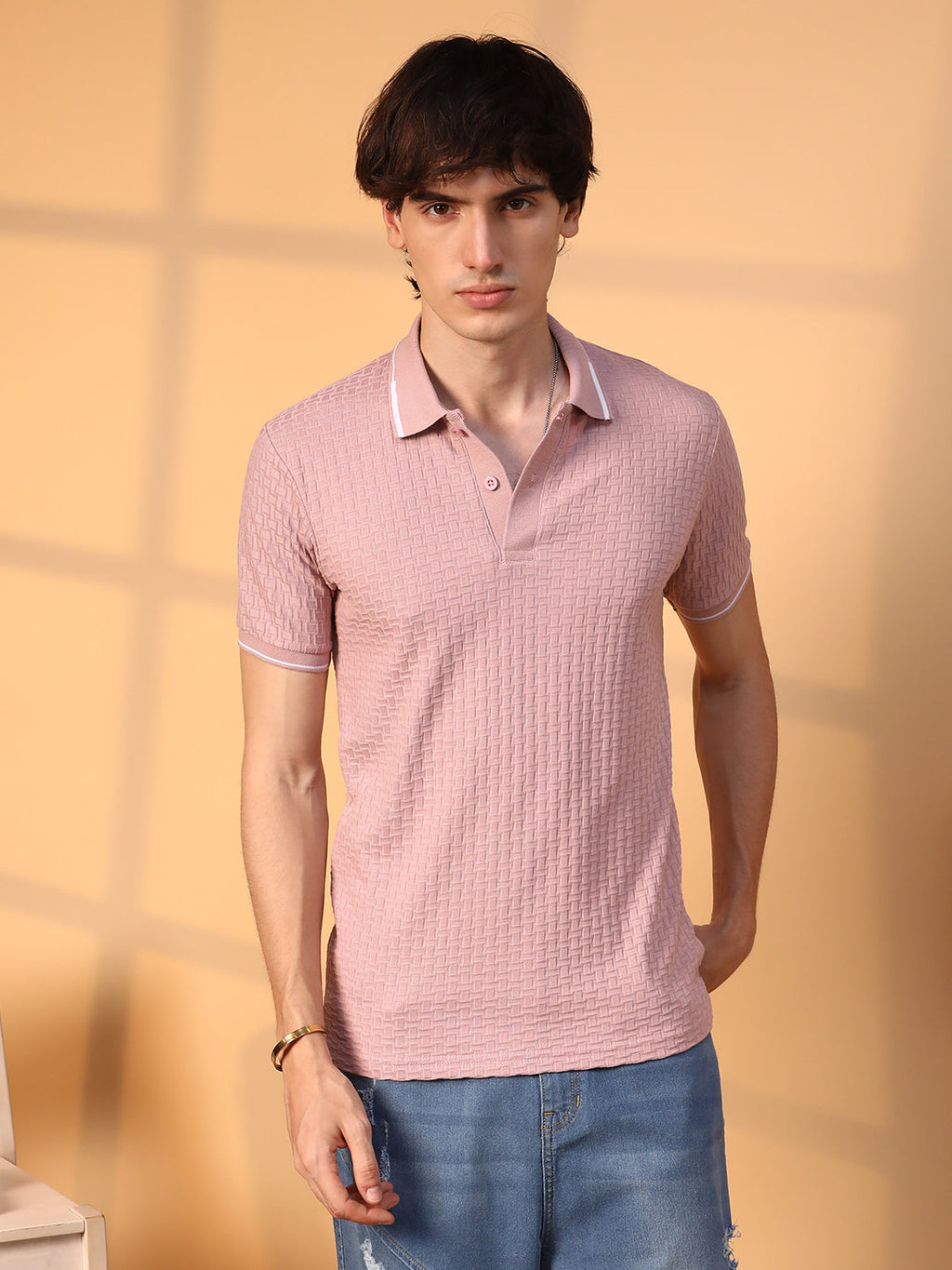 Campus Sutra Interweave-Textured Polo T-Shirt