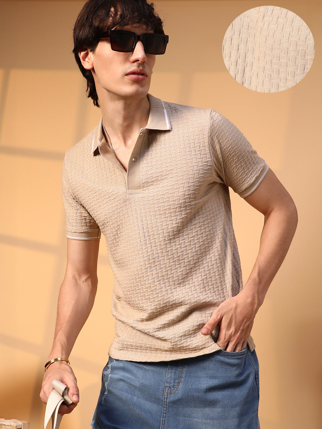 Campus Sutra Interweave-Textured Polo T-Shirt