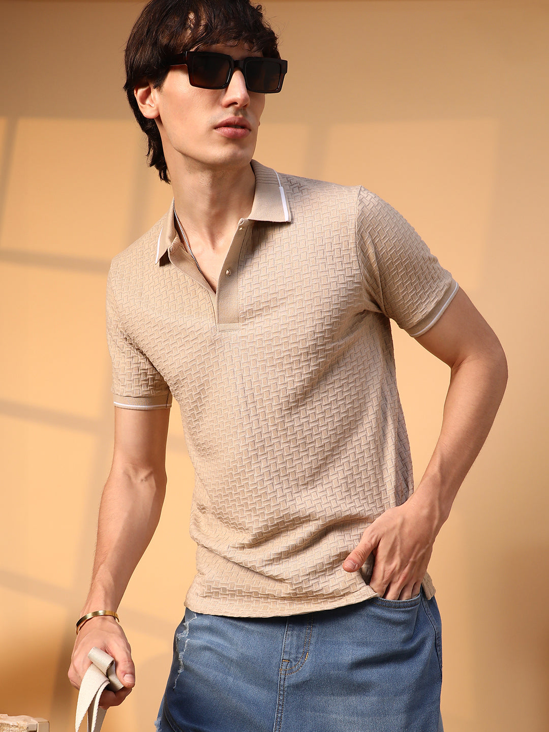 Campus Sutra Interweave-Textured Polo T-Shirt