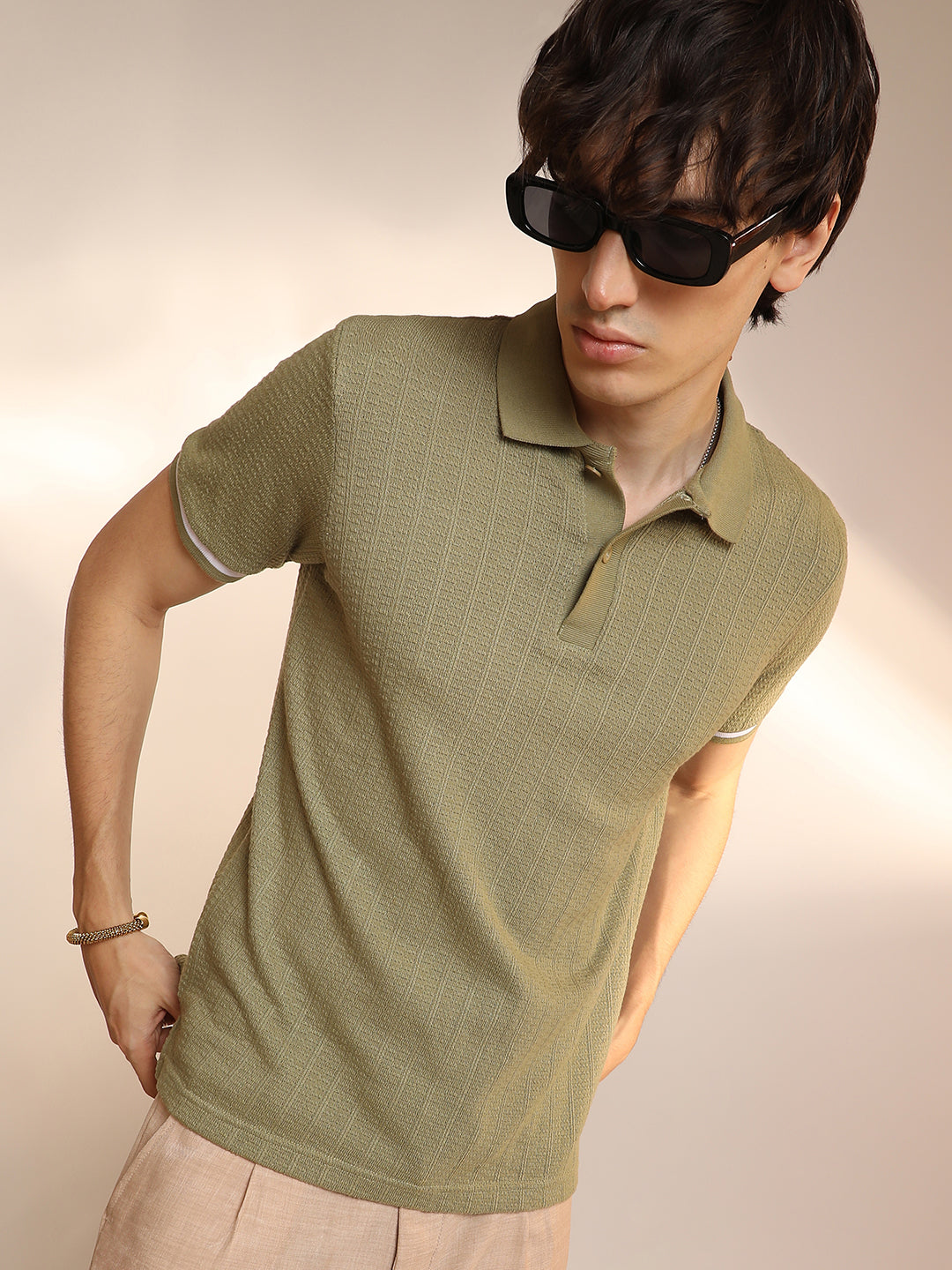 Campus Sutra Textured Polo T-Shirt