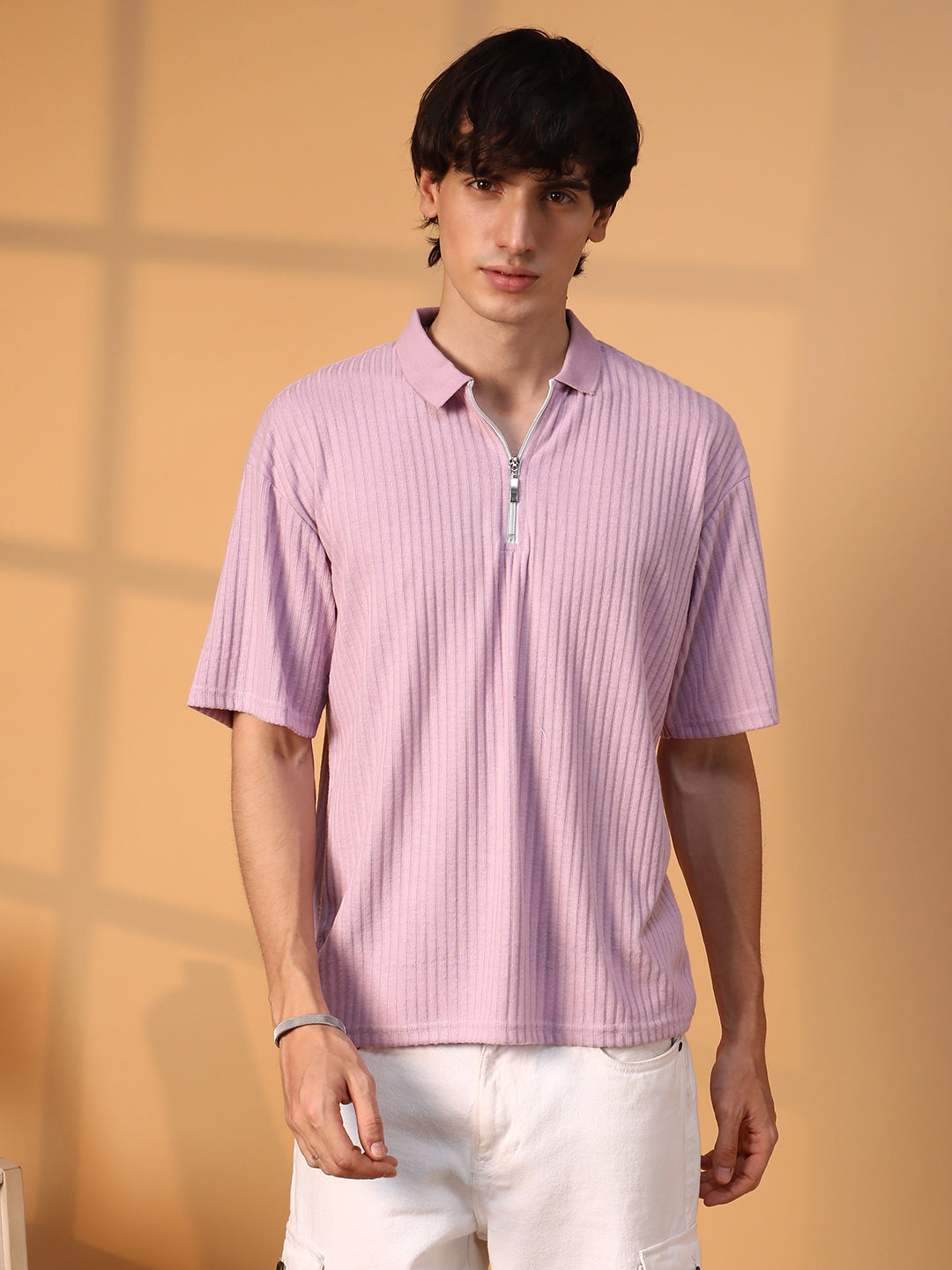 Campus Sutra Ribbed Oversized Polo T-Shirt