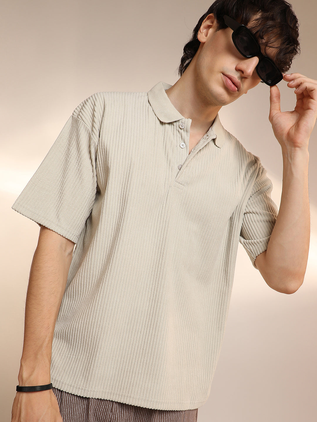 Campus Sutra Ribbed Oversized Polo T-Shirt