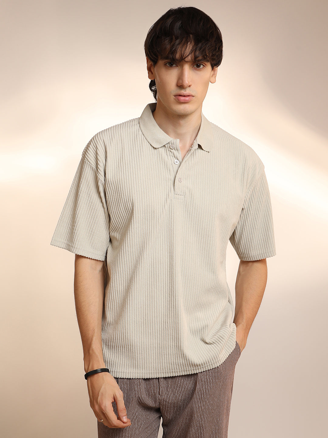 Campus Sutra Ribbed Oversized Polo T-Shirt