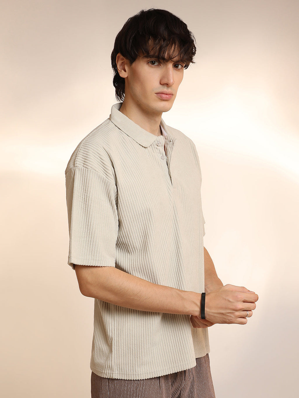 Campus Sutra Ribbed Oversized Polo T-Shirt