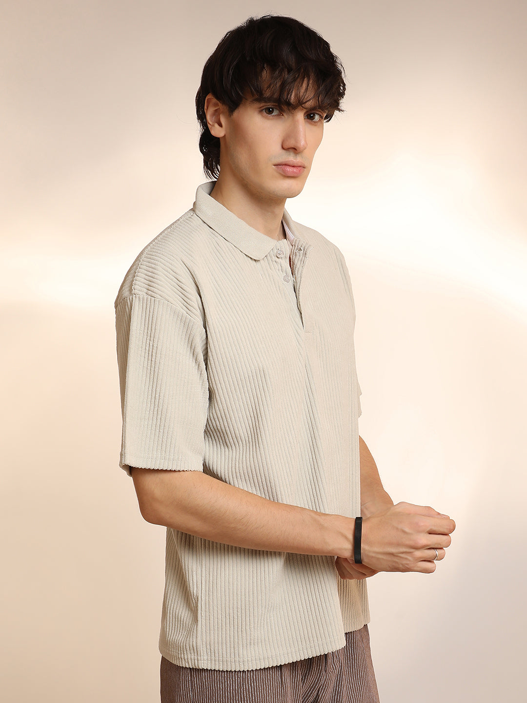 Campus Sutra Ribbed Oversized Polo T-Shirt