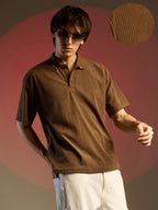 Campus Sutra Ribbed Oversized Polo T-Shirt