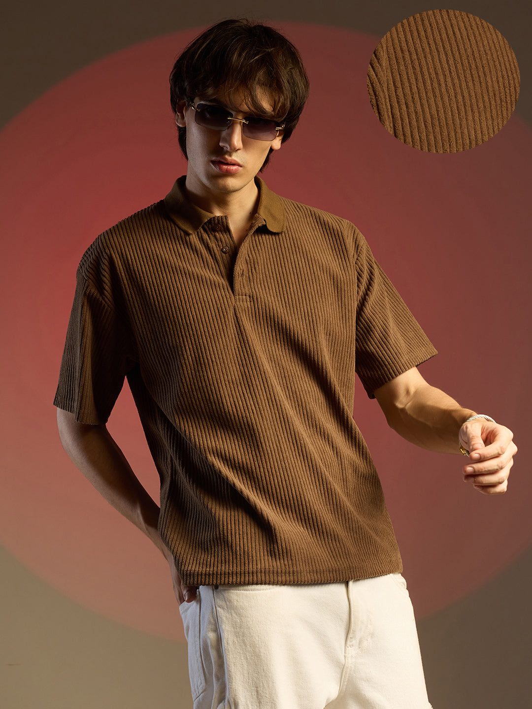 Campus Sutra Ribbed Oversized Polo T-Shirt