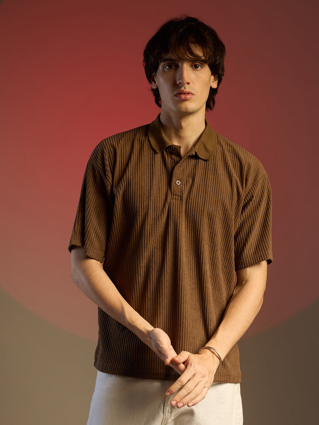 Campus Sutra Ribbed Oversized Polo T-Shirt
