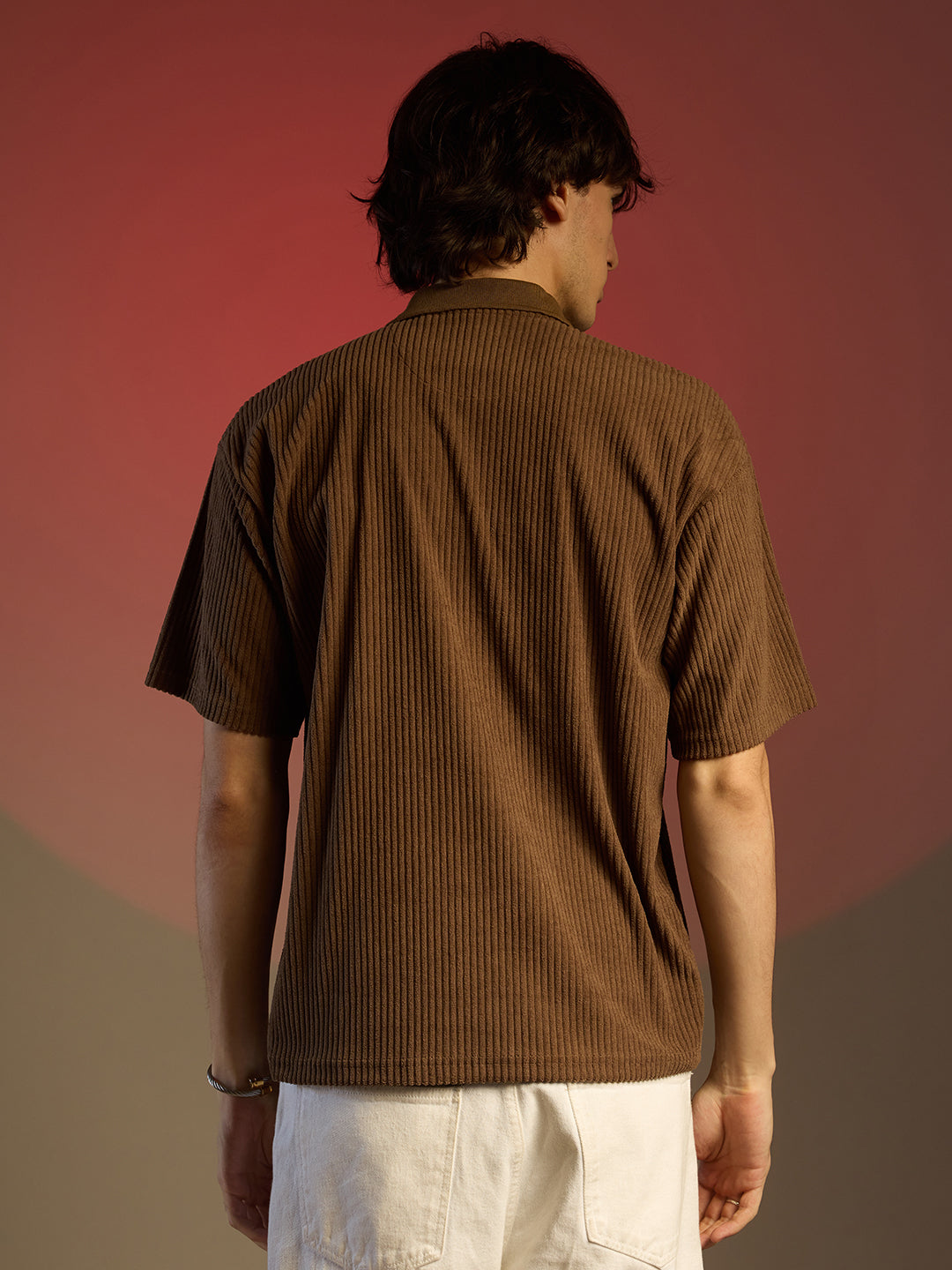 Campus Sutra Ribbed Oversized Polo T-Shirt