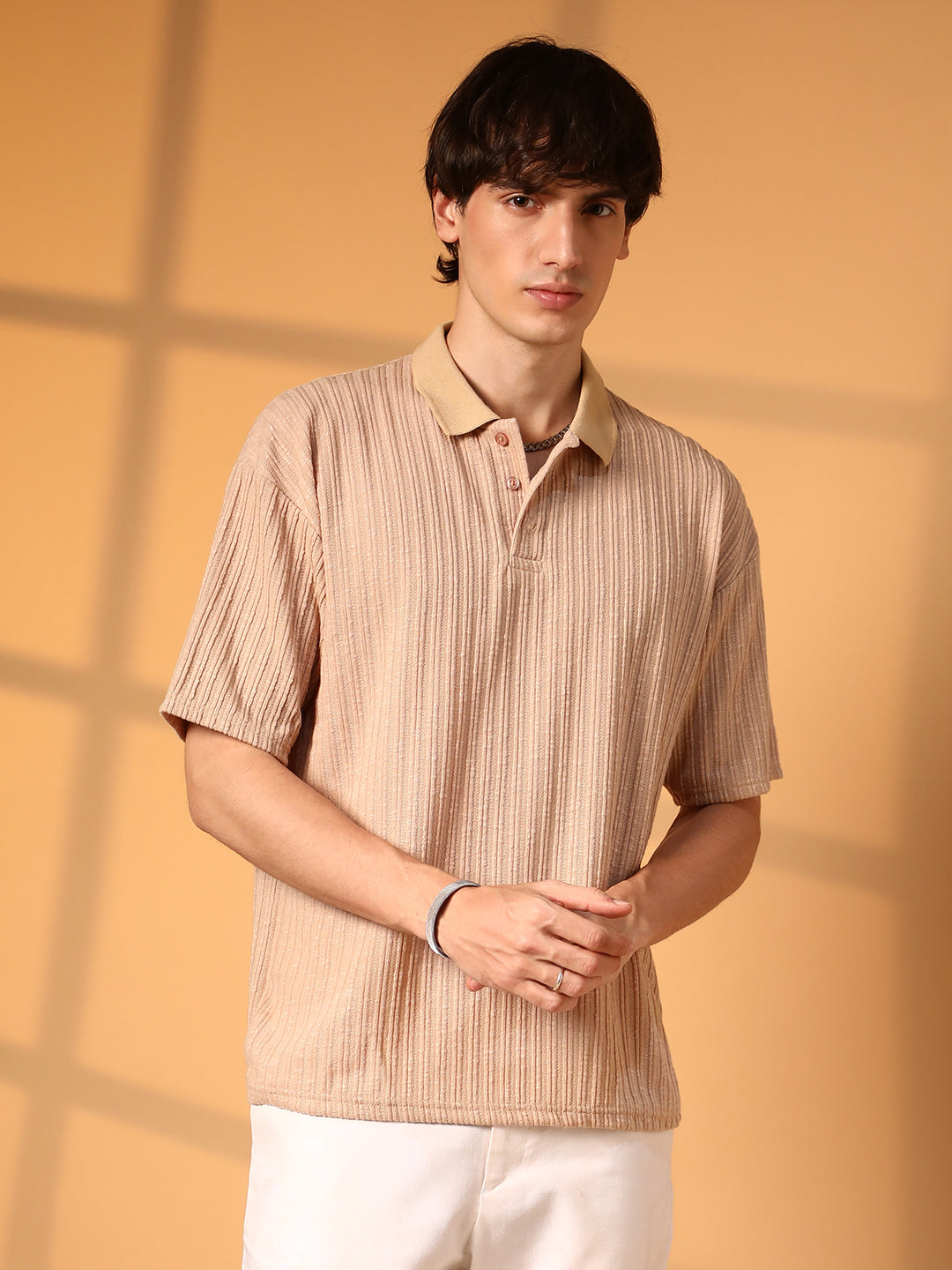 Campus Sutra Striped Oversized Polo T-Shirt