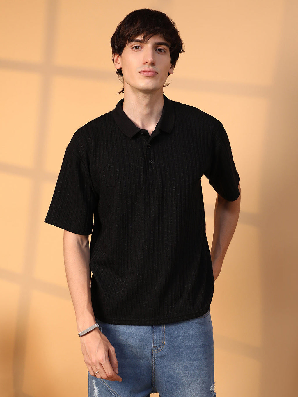 Campus Sutra Striped Oversized Polo T-Shirt