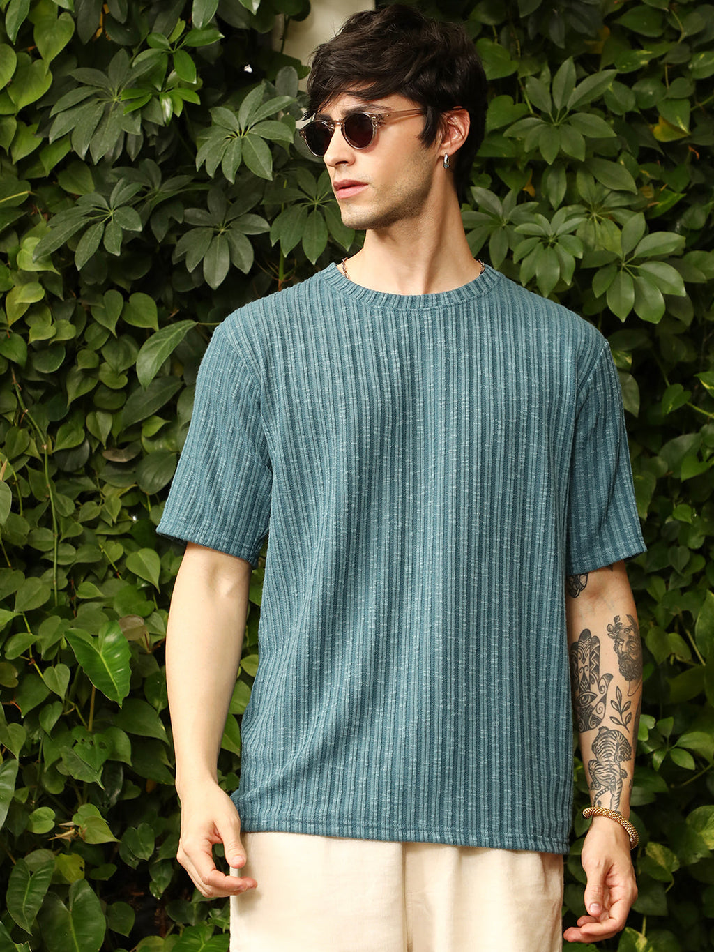 Campus Sutra Sugarcane-Ribbed Oversized T-Shirt