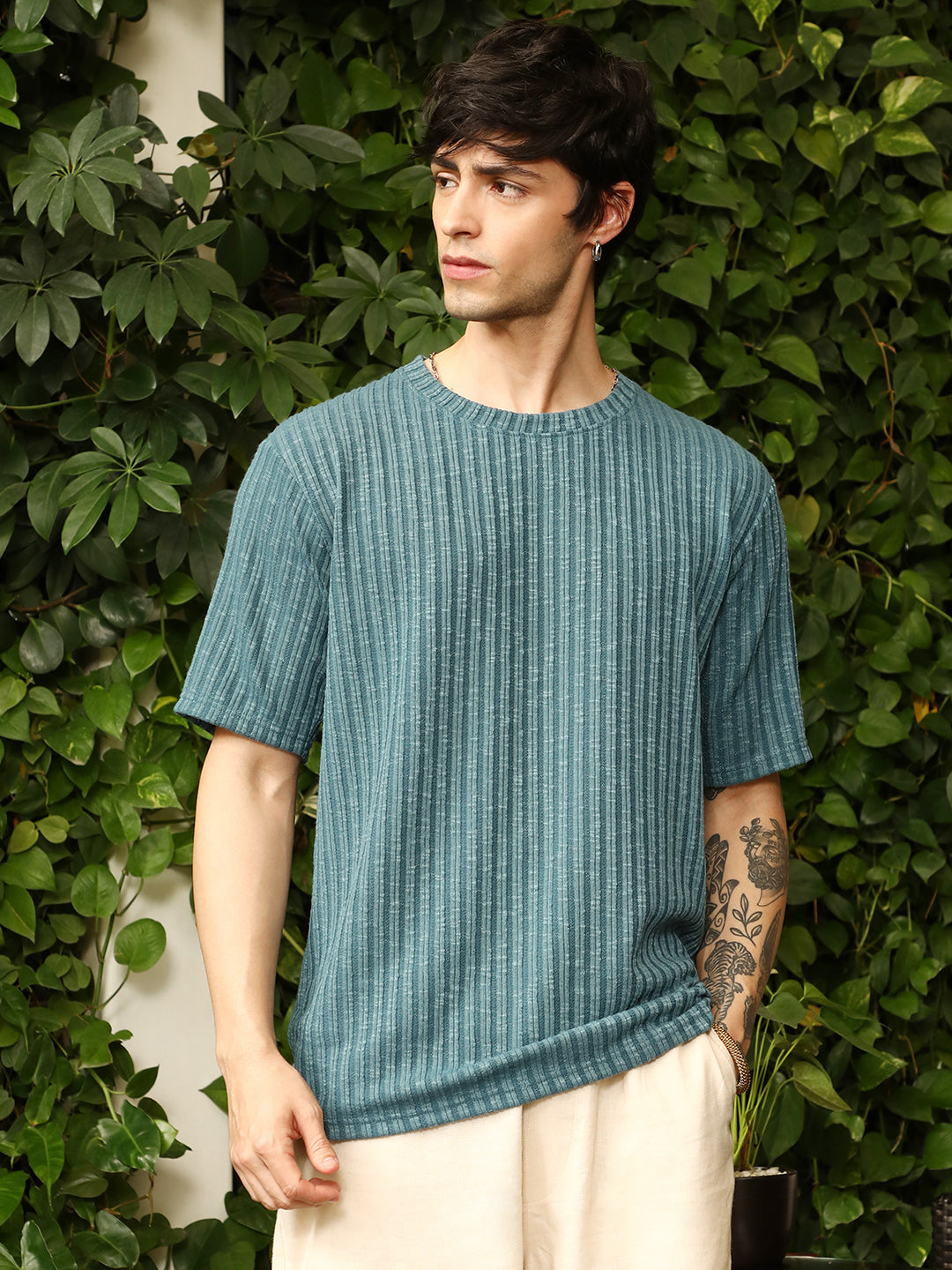 Campus Sutra Sugarcane-Ribbed Oversized T-Shirt