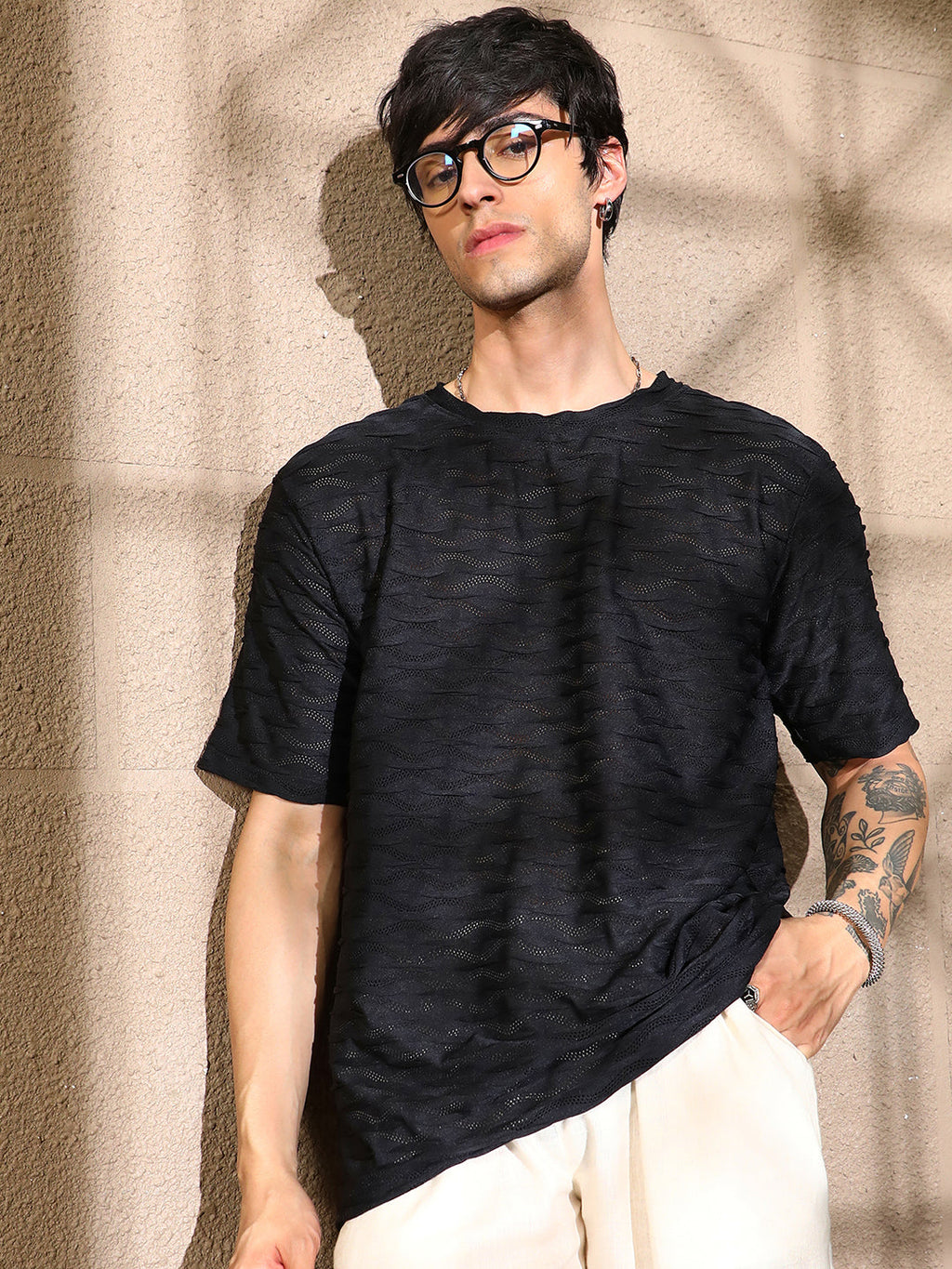 Campus Sutra Wave-Tactile Oversized T-Shirt
