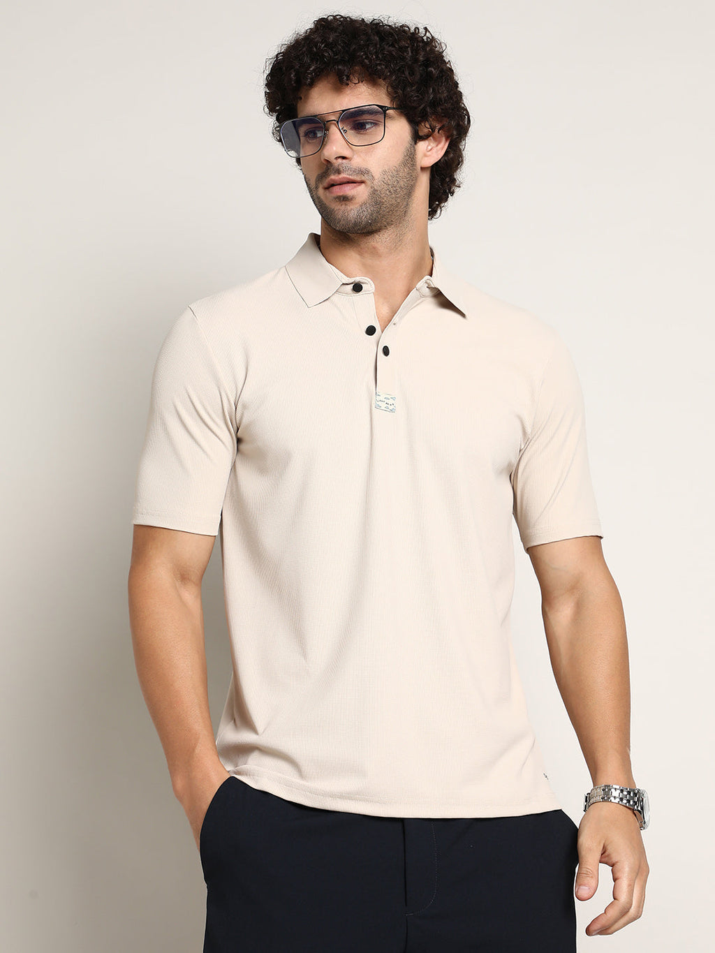 Campus Sutra Seamless Ribbed Polo T-Shirt