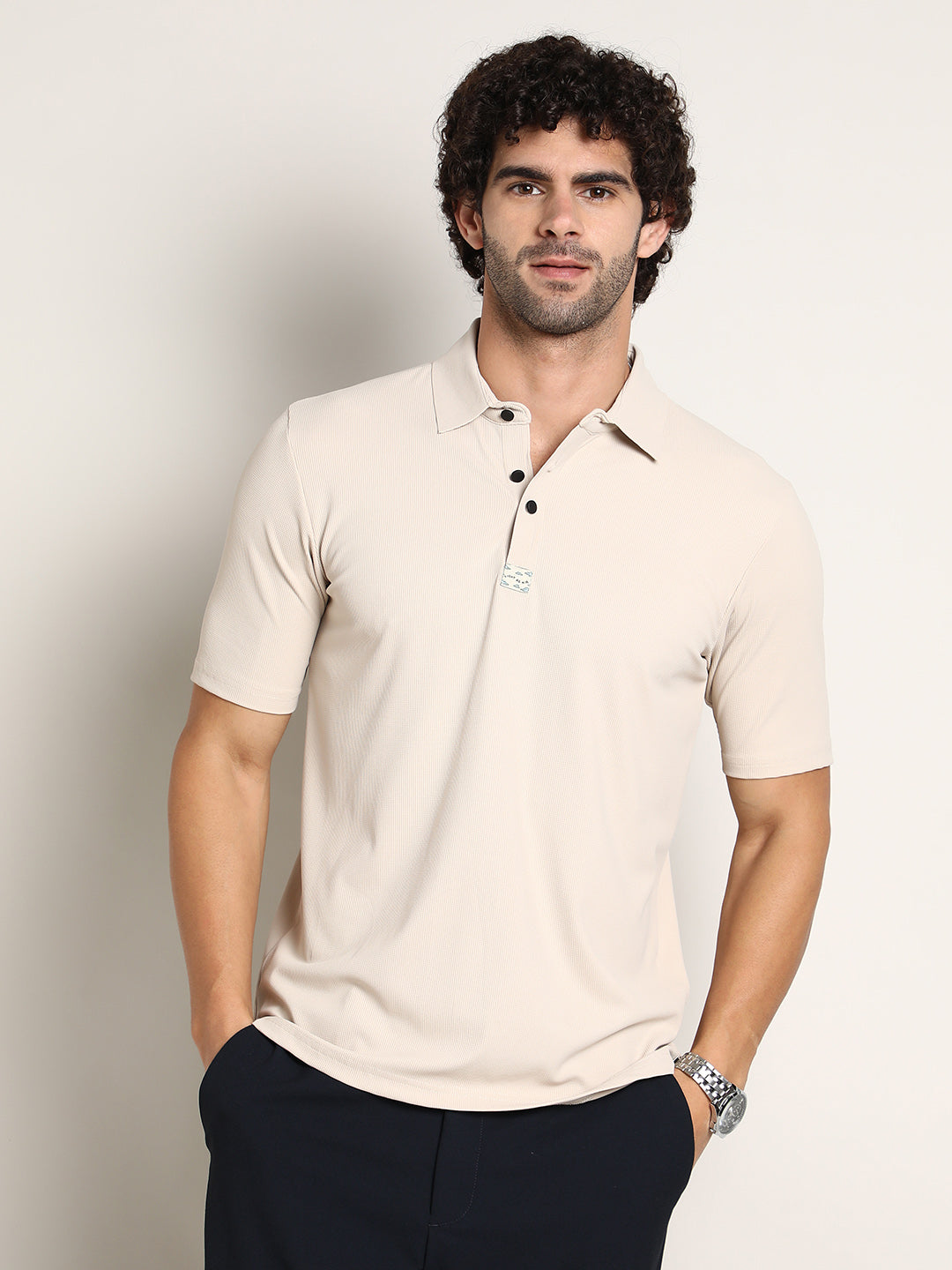Campus Sutra Seamless Ribbed Polo T-Shirt