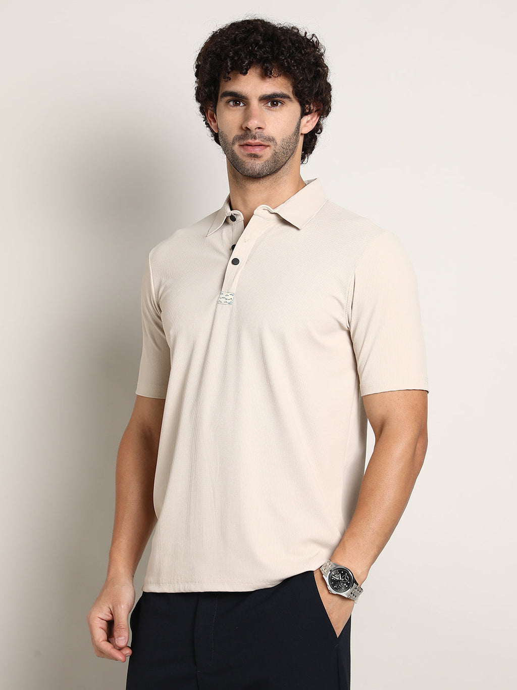 Campus Sutra Seamless Ribbed Polo T-Shirt