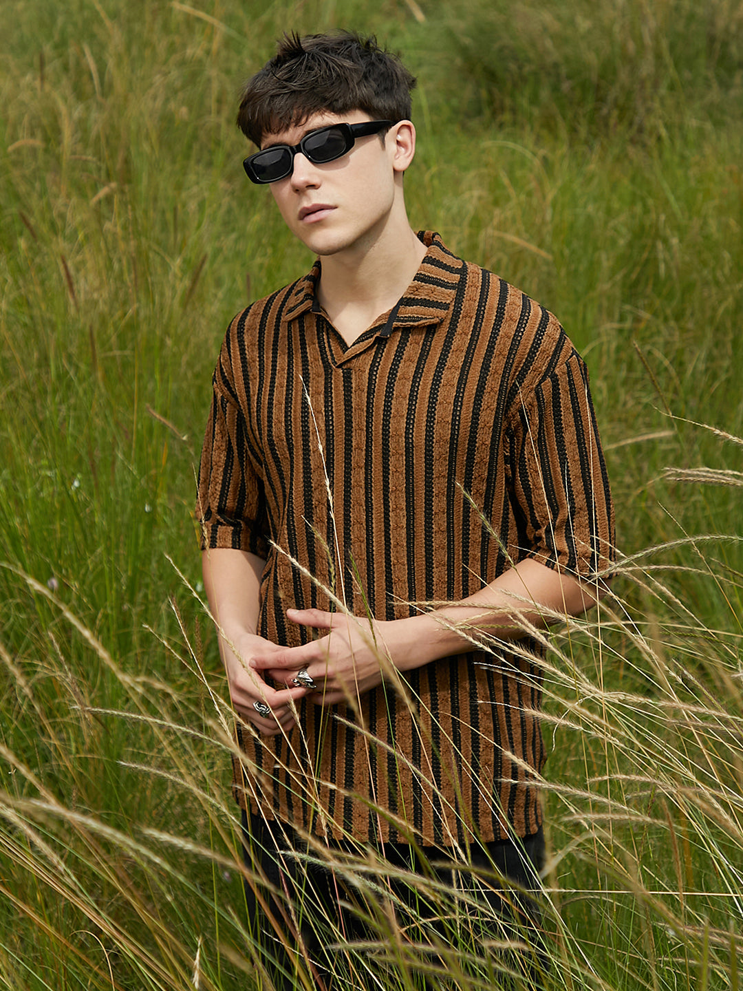 Campus Sutra Clover-Striped Polo T-Shirt