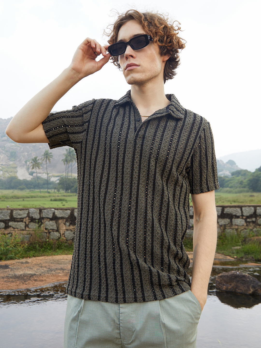 Campus Sutra Tactile-Striped Polo T-Shirt