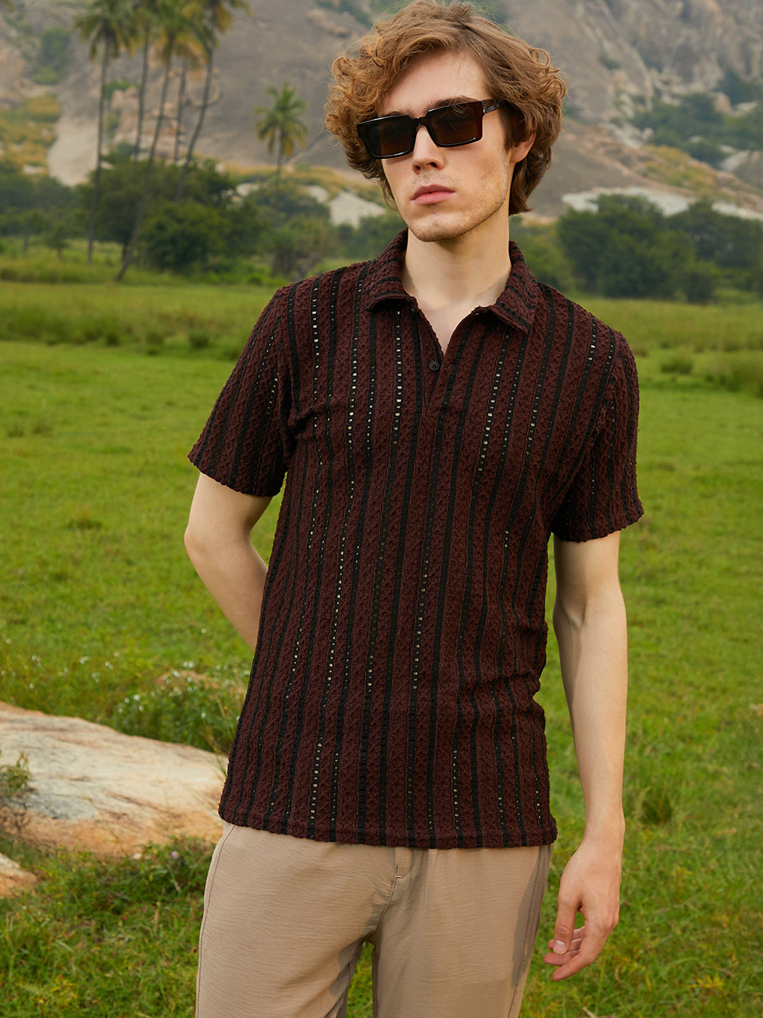 Campus Sutra Tactile-Striped Polo T-Shirt