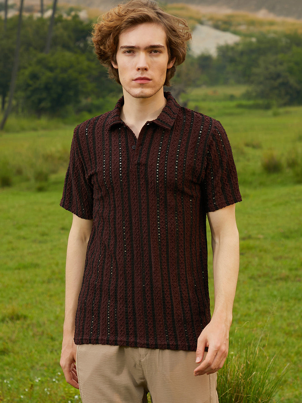 Campus Sutra Tactile-Striped Polo T-Shirt