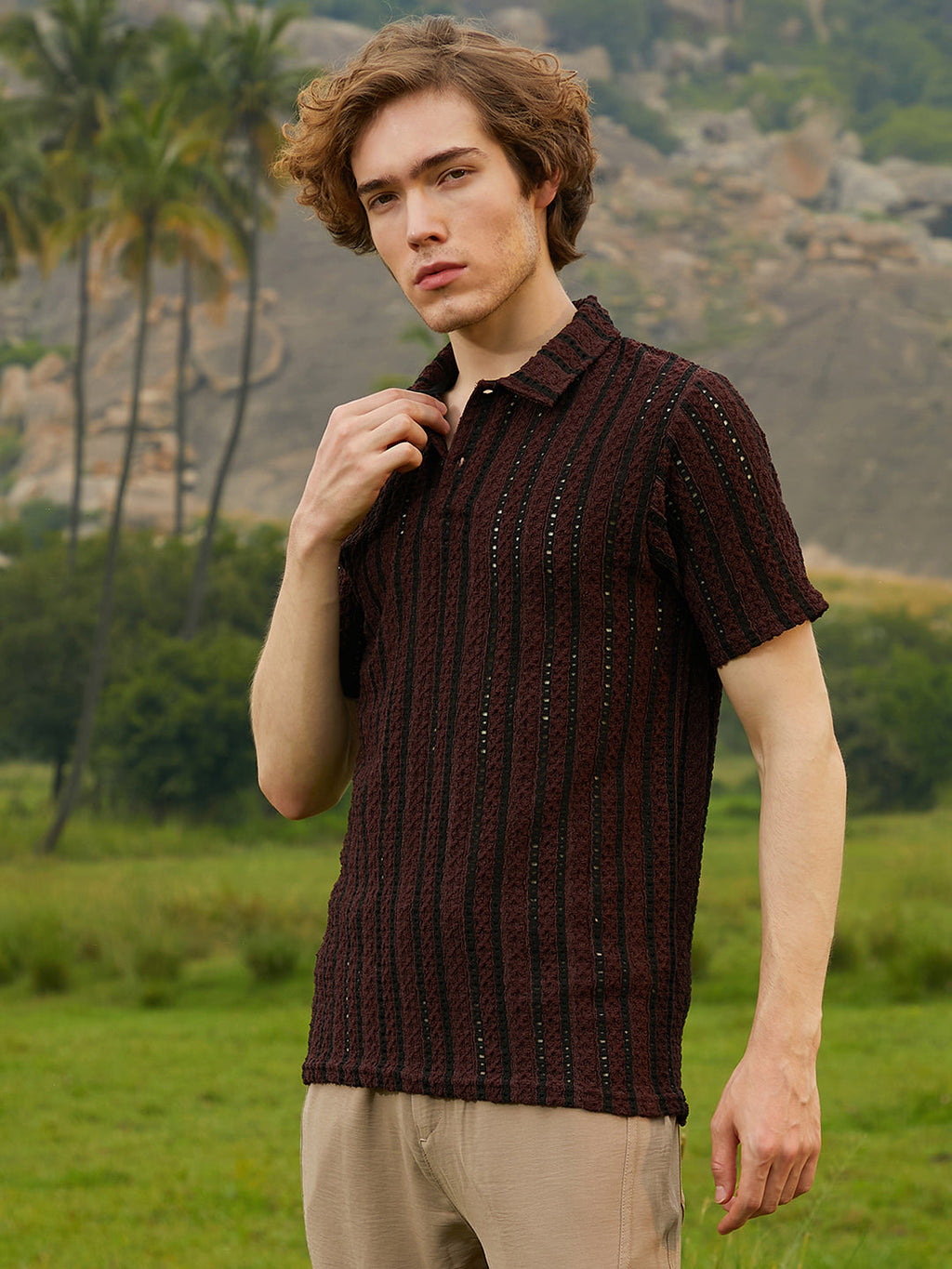 Campus Sutra Tactile-Striped Polo T-Shirt