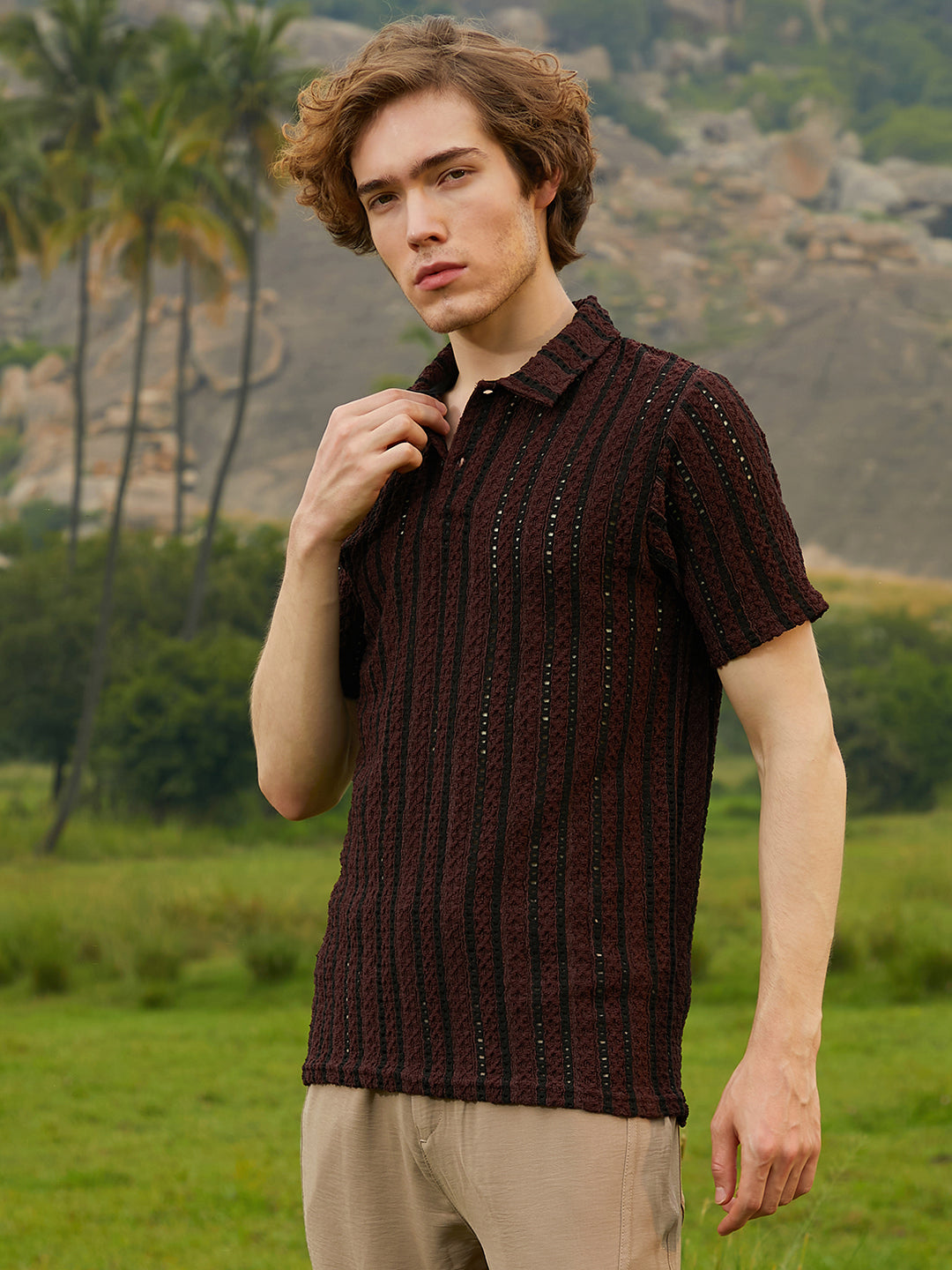 Campus Sutra Tactile-Striped Polo T-Shirt