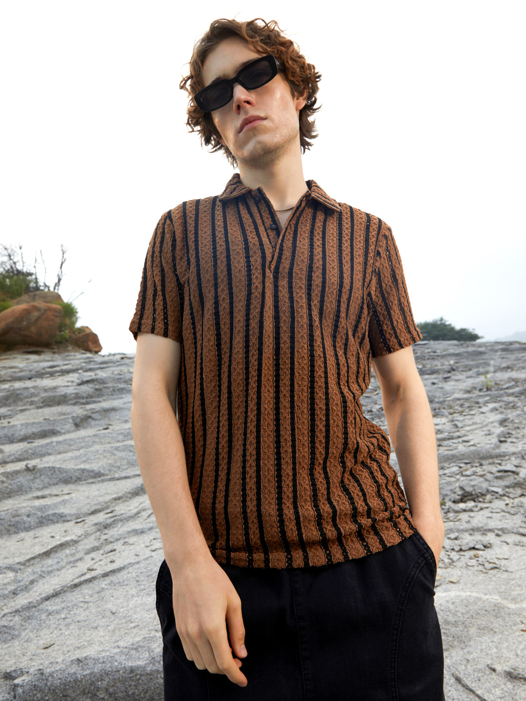 Campus Sutra Tactile-Striped Polo T-Shirt