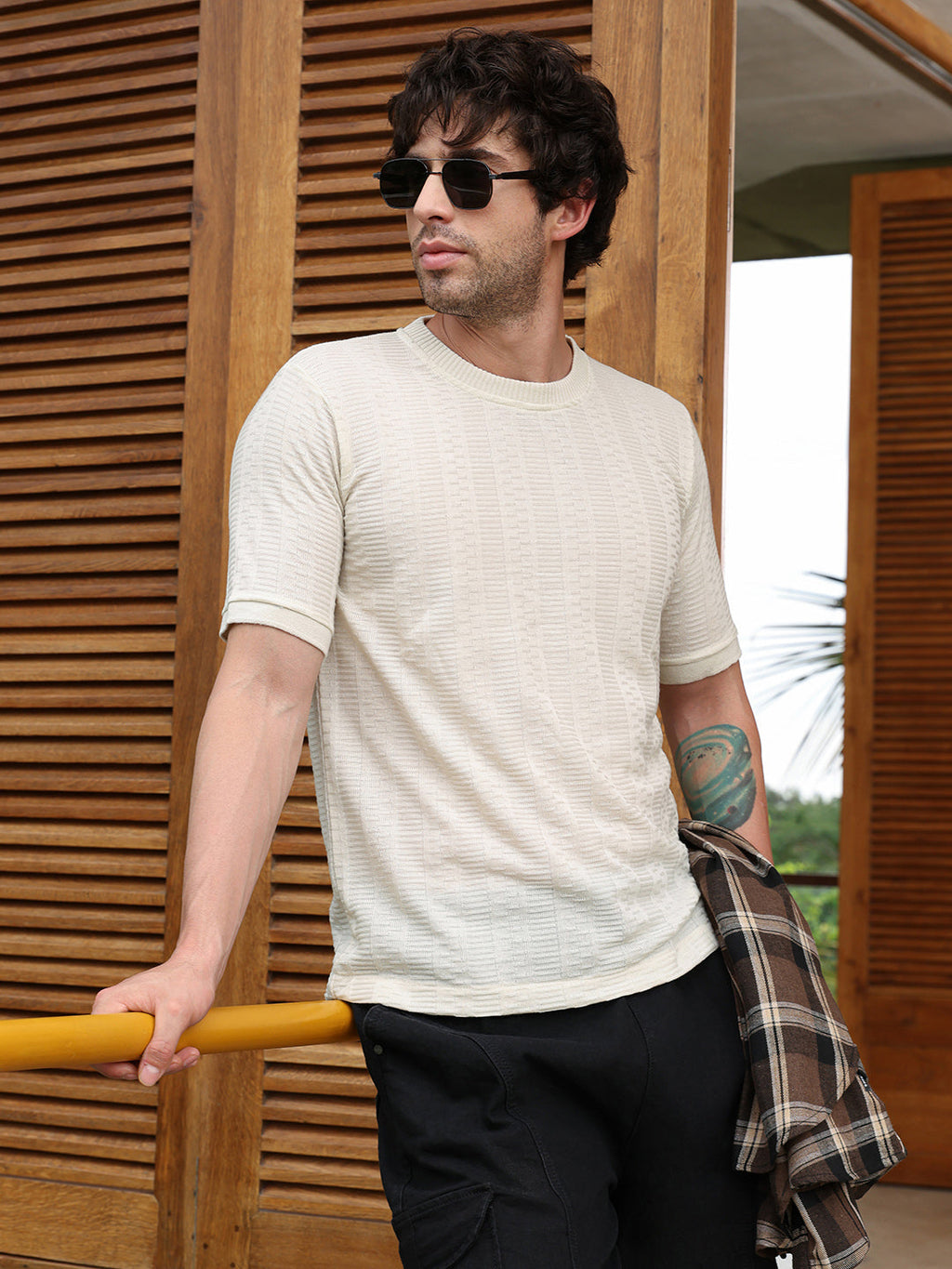 Campus Sutra Dash-Ribbed Knit T-Shirt