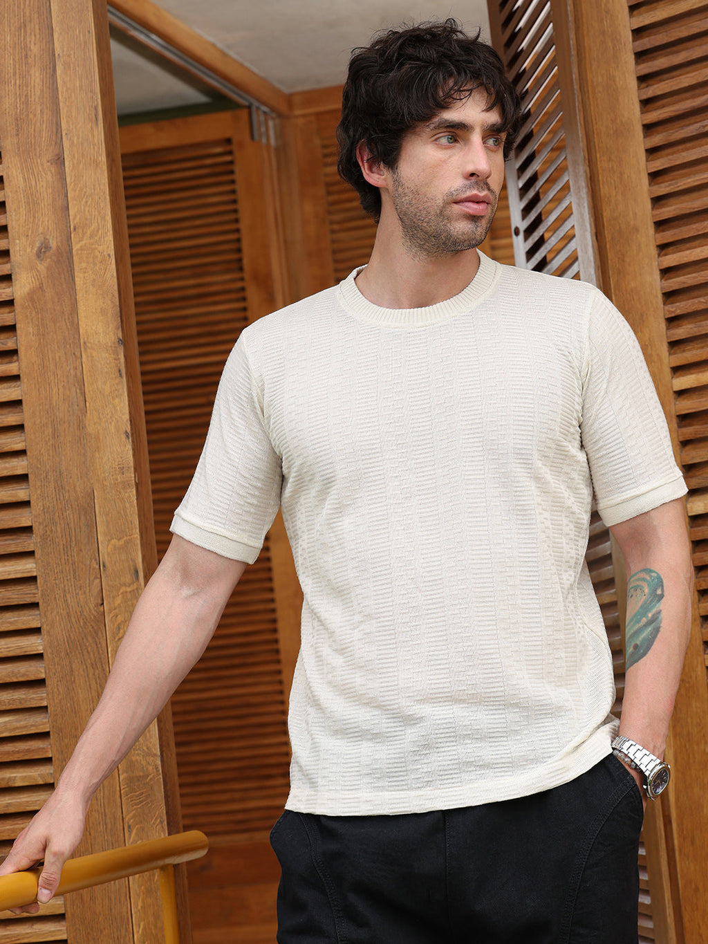 Campus Sutra Dash-Ribbed Knit T-Shirt