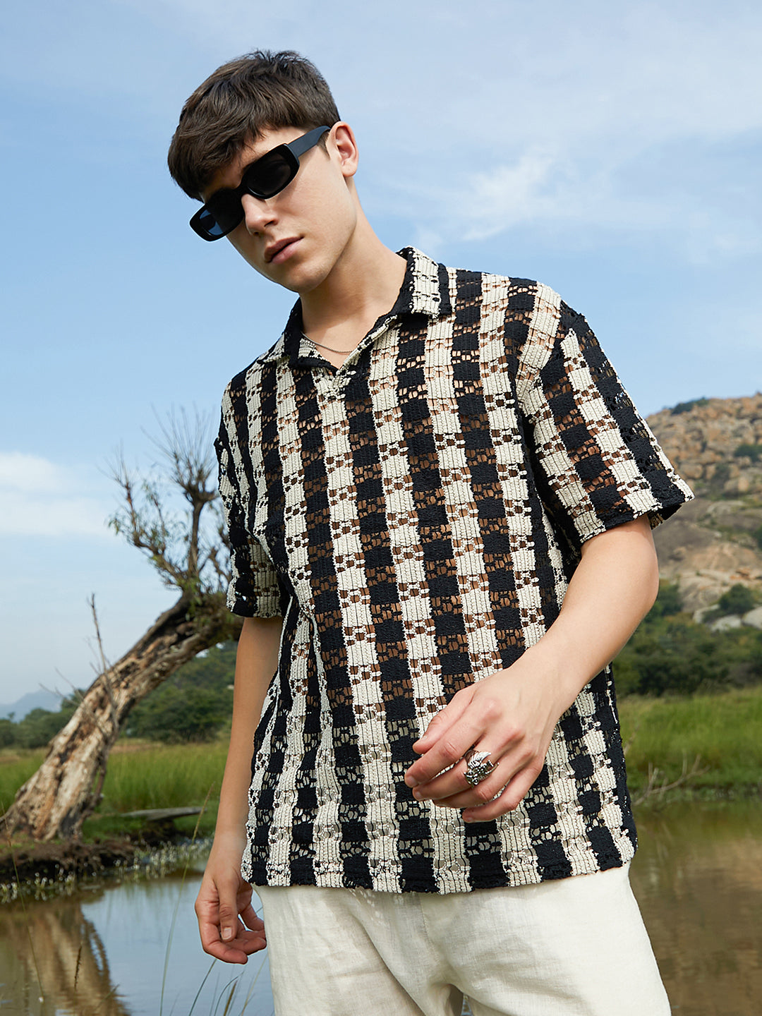 Campus Sutra Track-Stripe Oversized Polo T-Shirt