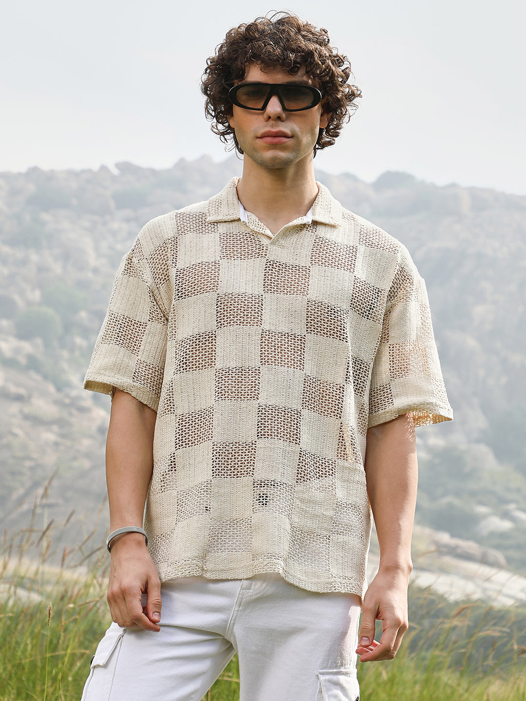 Campus Sutra Grid Oversized Polo T-Shirt