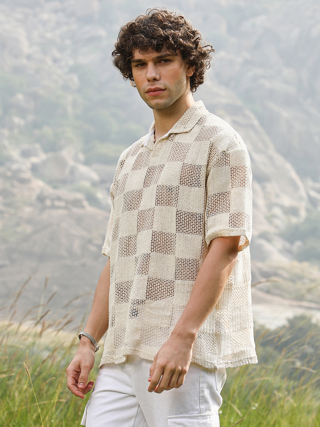 Campus Sutra Grid Oversized Polo T-Shirt