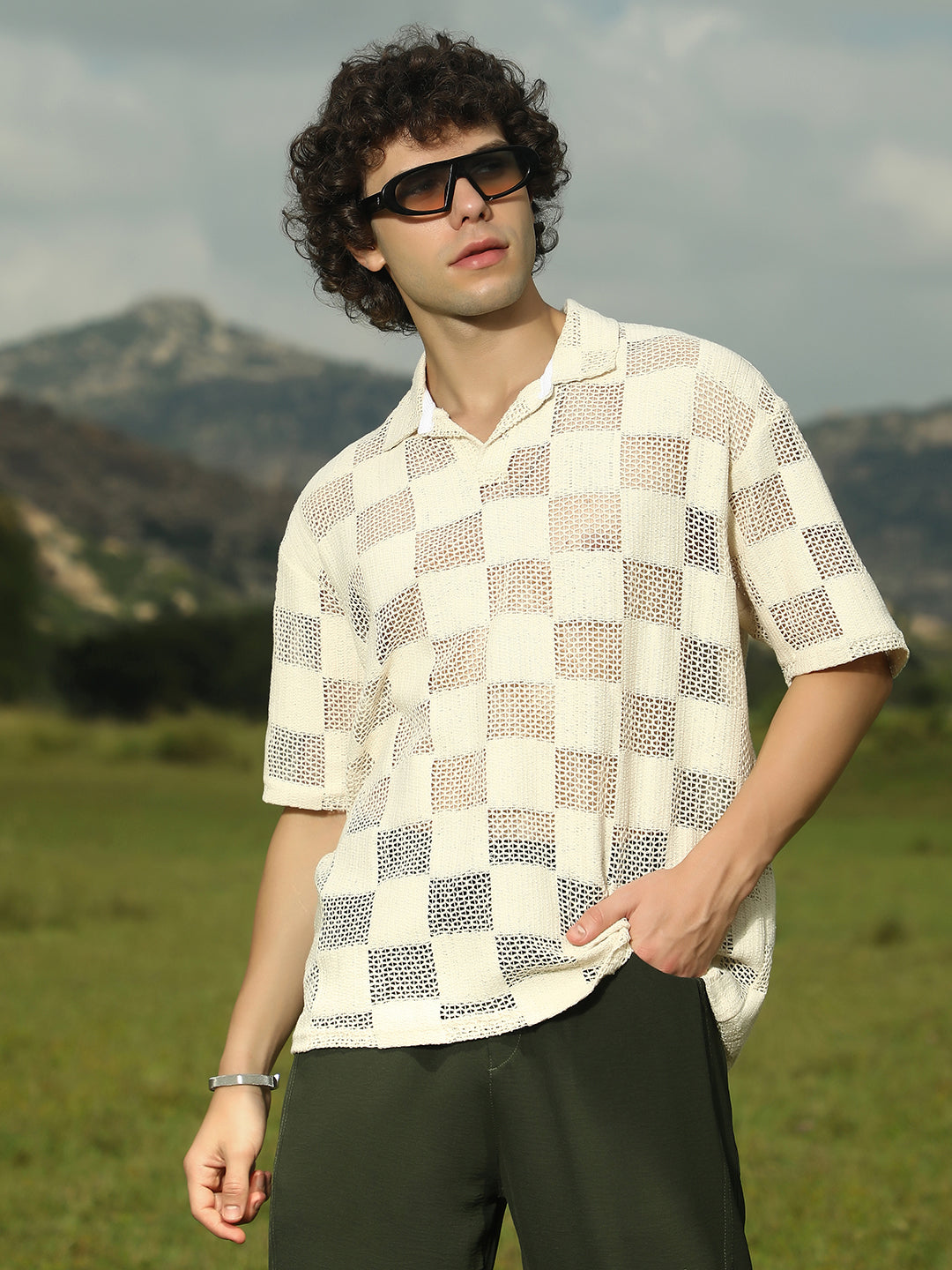 Campus Sutra Grid Oversized Polo T-Shirt